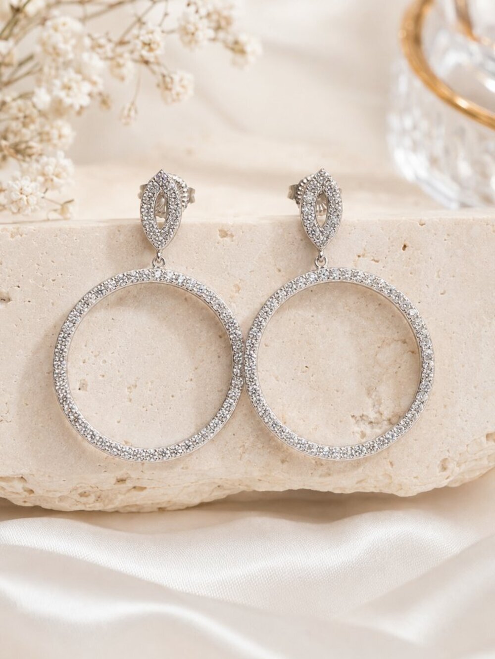 925 Sterling Silver Pave CZ Open Circle Drop Earrings Marquise Stud